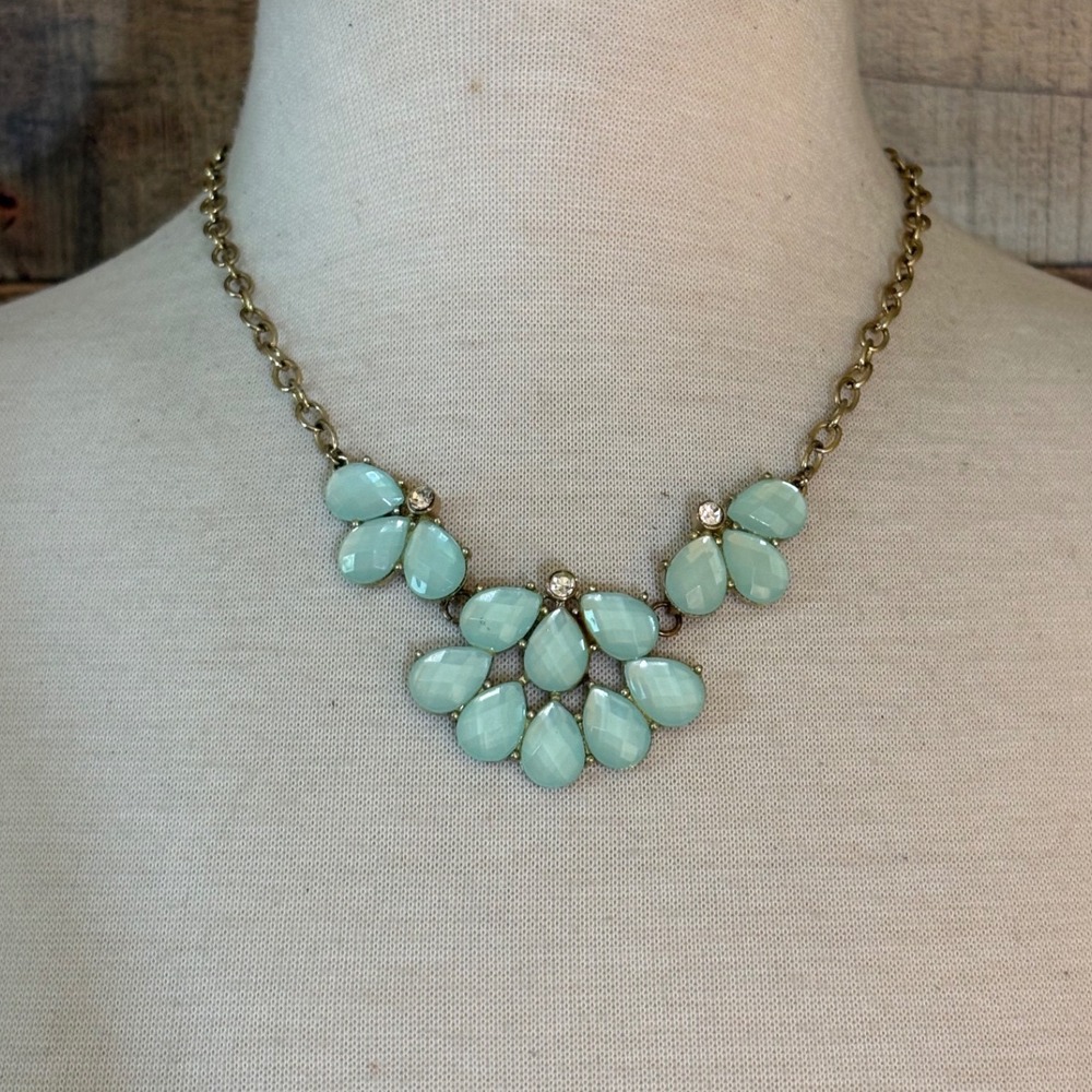 Mint Green Teardrop Bib Statement Necklace Gold Tone Cluster Rhinestone